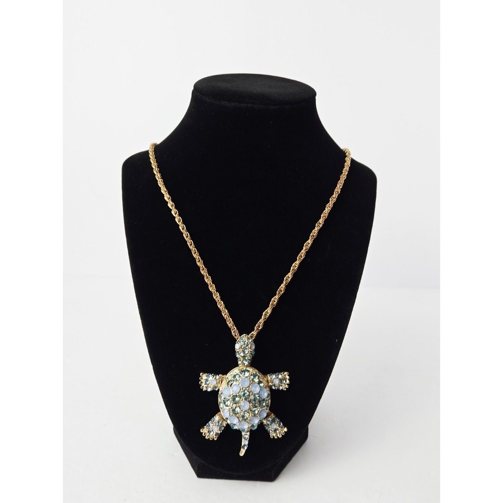 Turtle pendant necklace long rhinestone studded 2‎ 1/2" moveable legs
